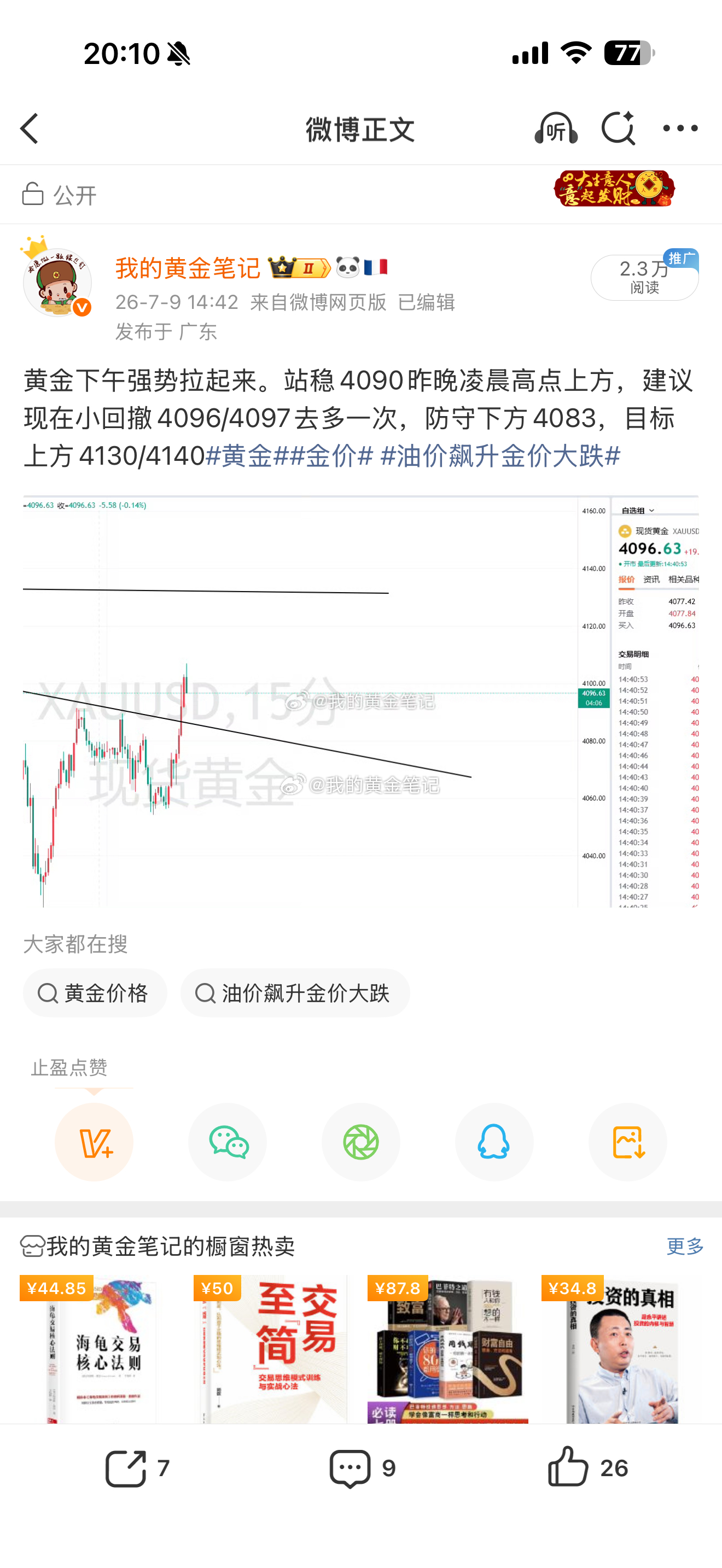 黄金下午4097做多大涨4115止盈。下午行情高位震荡4105再次做多，现在大涨