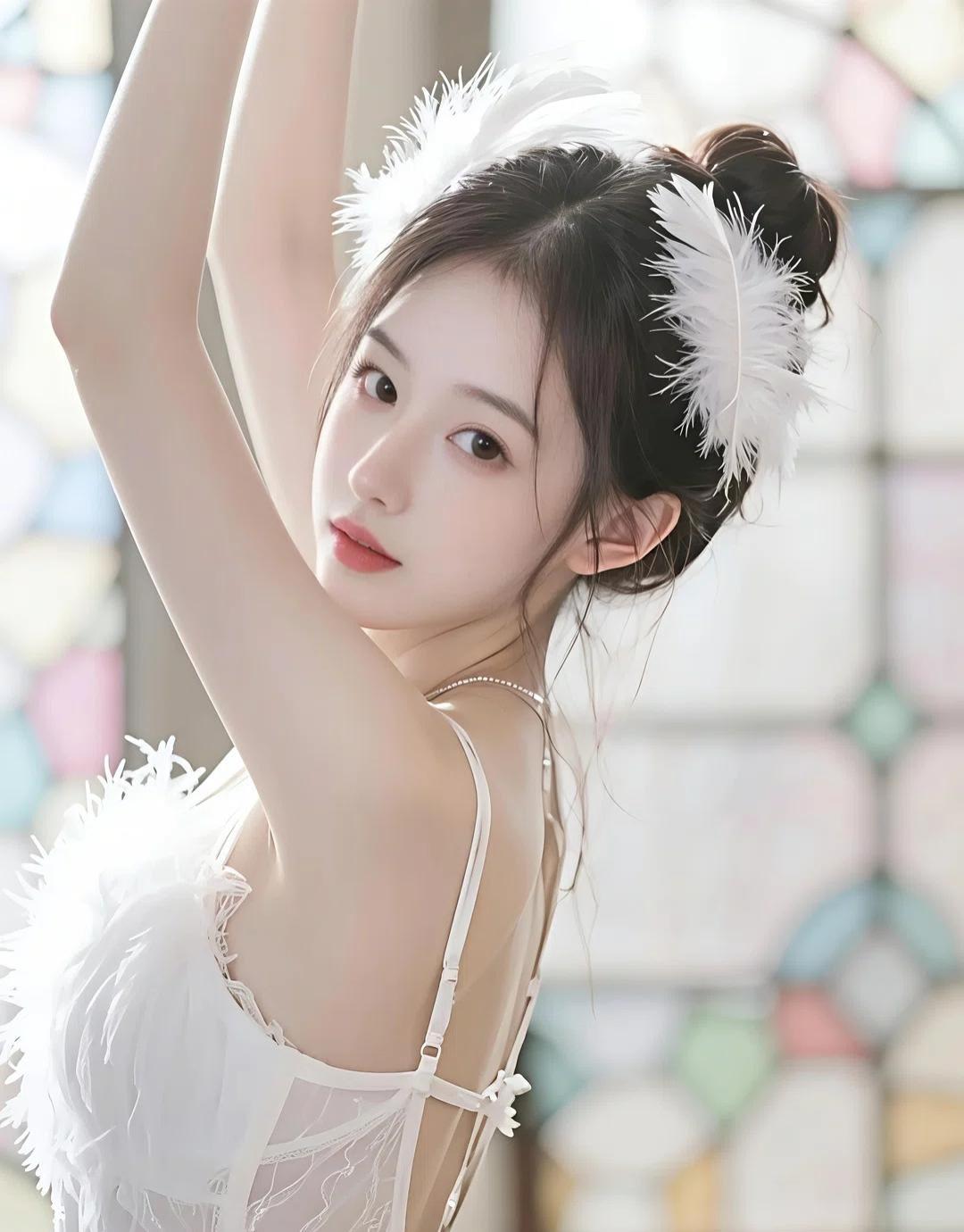 梦幻少女，羽毛发饰，优雅姿态，唯美瞬间