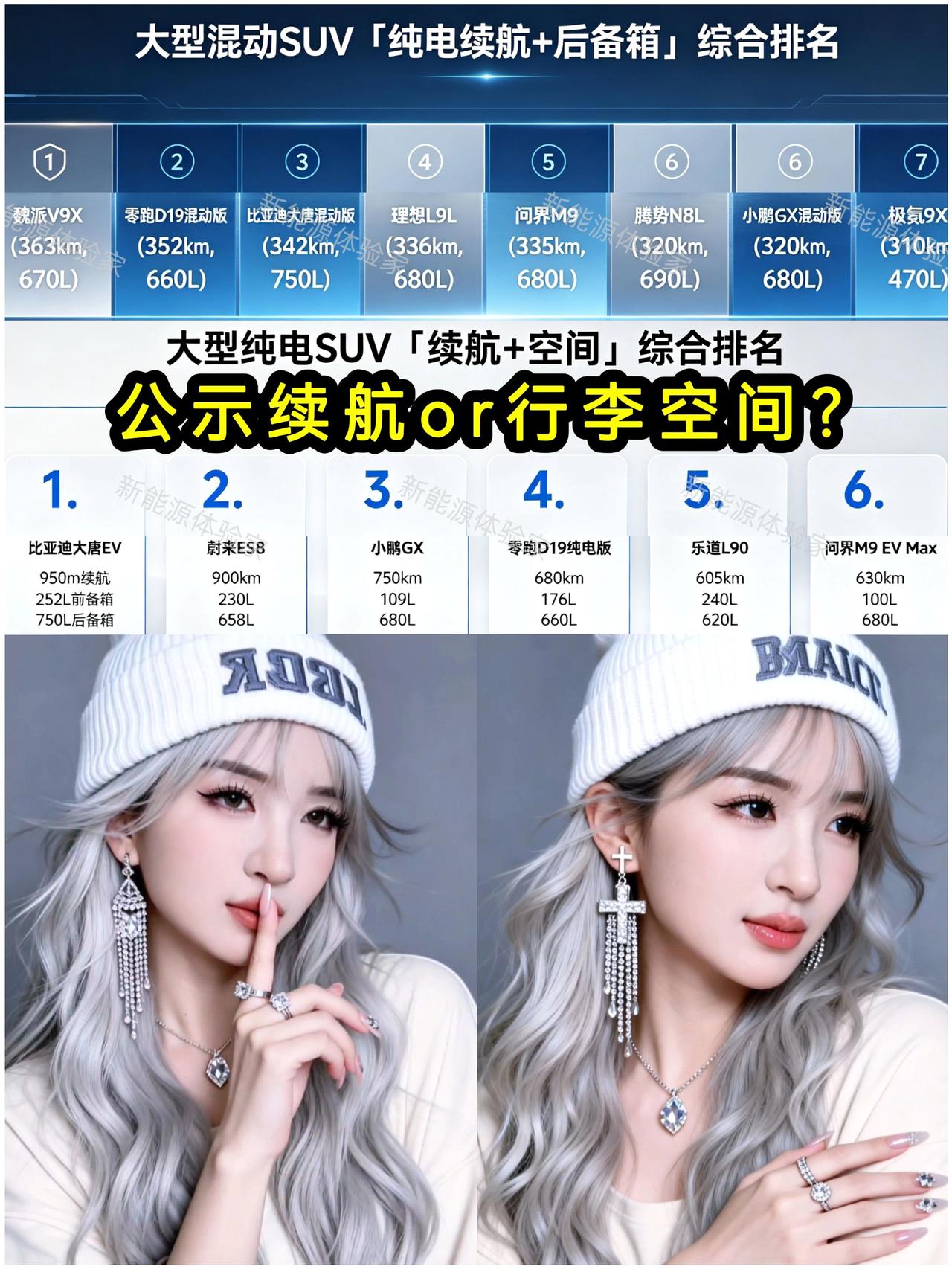 大型SUV双阵营榜单正式出炉📊
纯电车型比拼续航与双重储物空间
混动车型对比纯