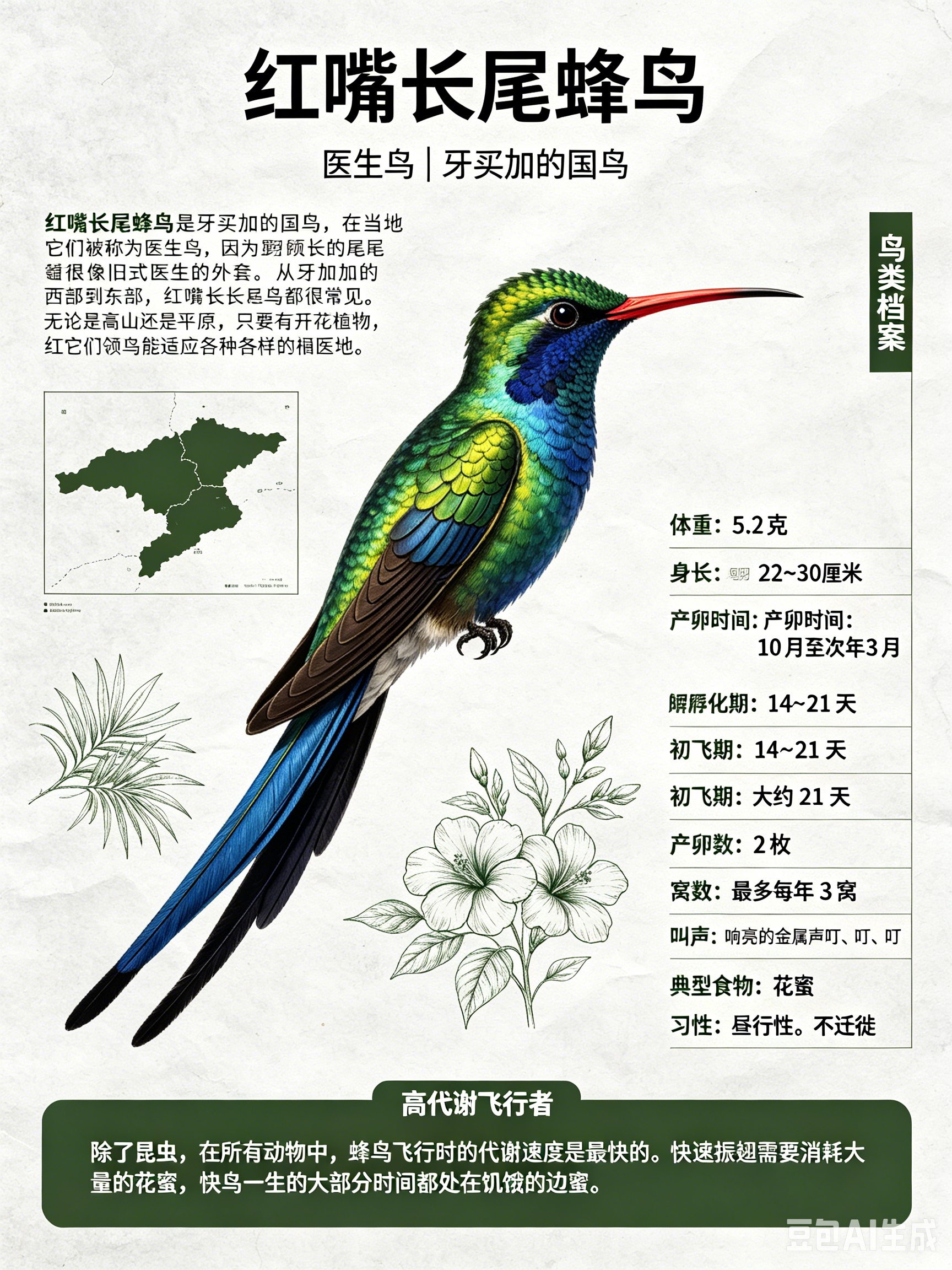鸟类朋友图鉴 红嘴长尾蜂鸟红嘴长尾蜂鸟是牙买加的国鸟，在当地它们被称为“医生鸟”