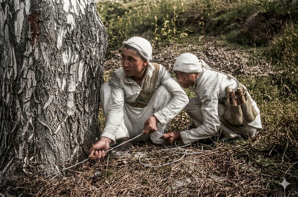 1944年，由美国记者哈里森·福尔曼拍摄敌后抗日民兵准备引爆拉绳地雷瞬间。
照片