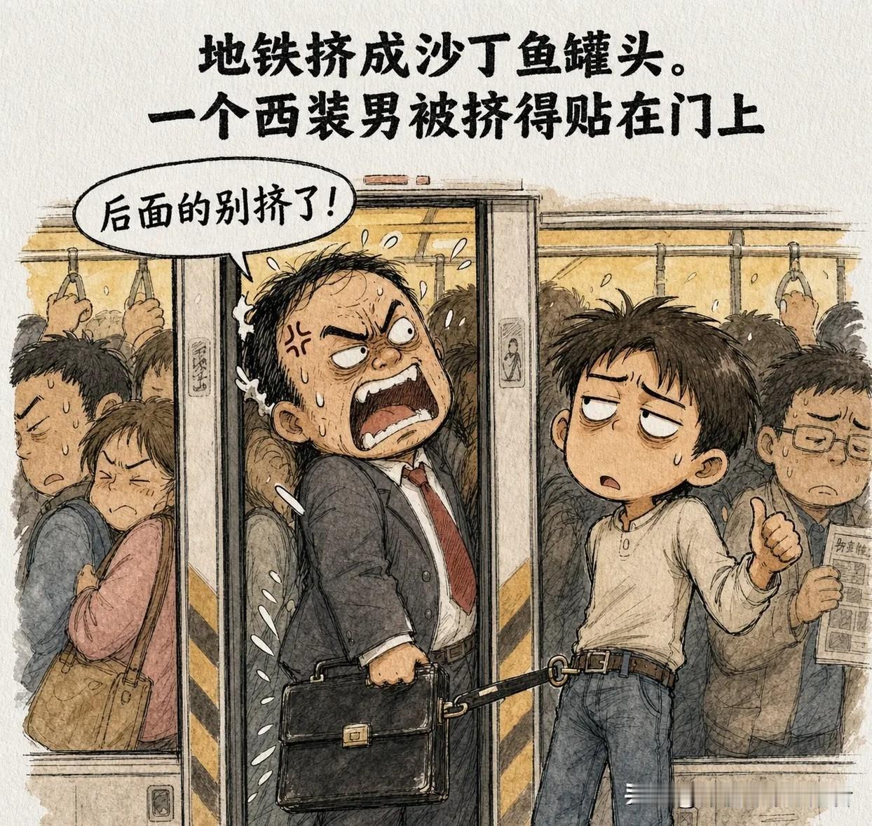 趣味漫画：地铁挤成沙丁鱼罐头。一个西装男被挤得贴在门上，回头怒吼：「后面的别挤了