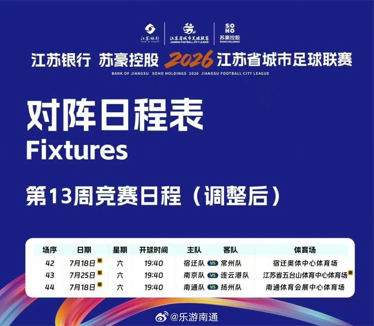 江苏爆料【关于2026江苏省城市足球联赛第13周竞赛日程调整的公告】根据气象部门