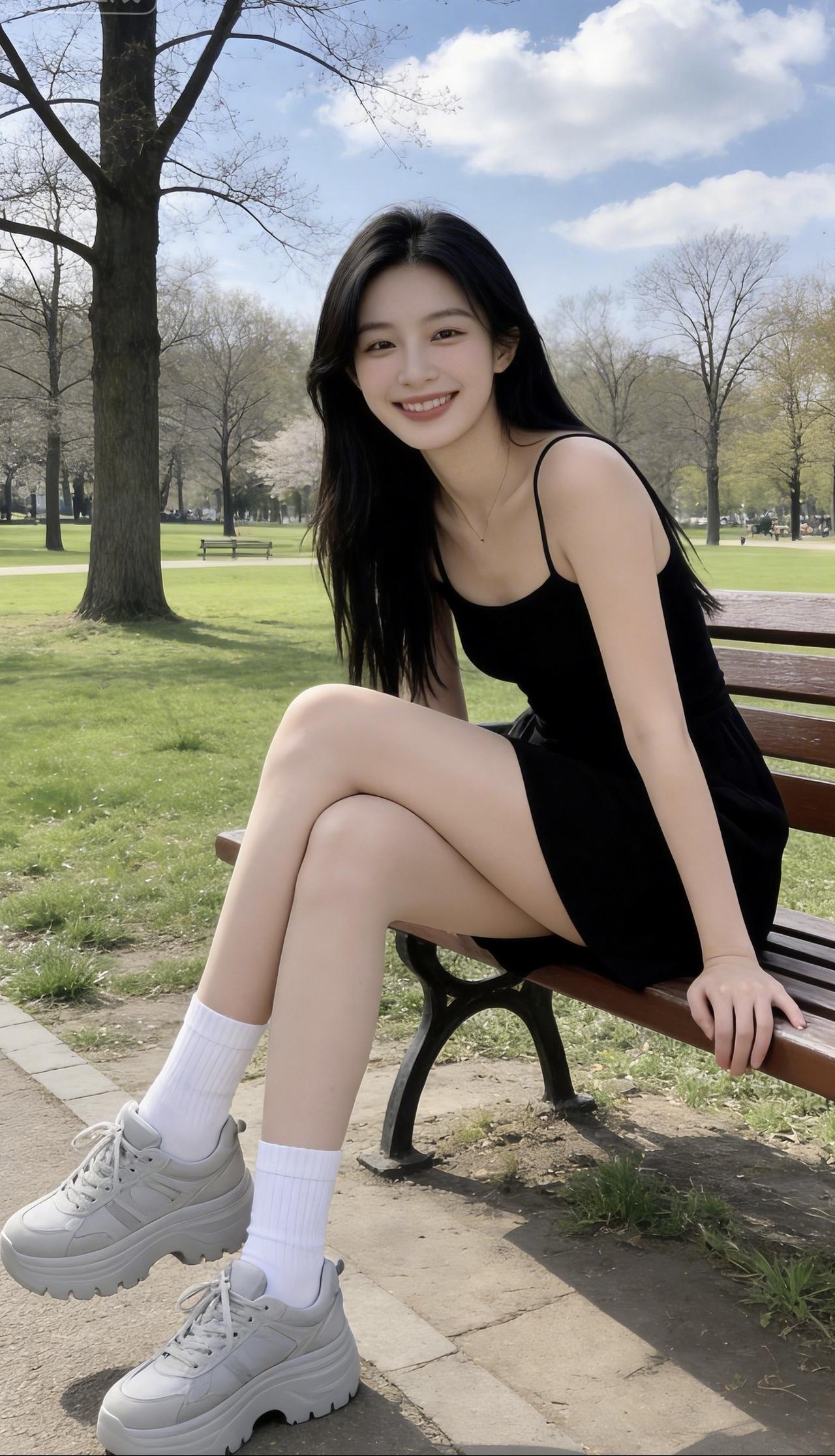 绿树阴中倚长凳，笑语盈盈意自闲，这画面太有感觉了。我想起有次去公园，找了个这样的