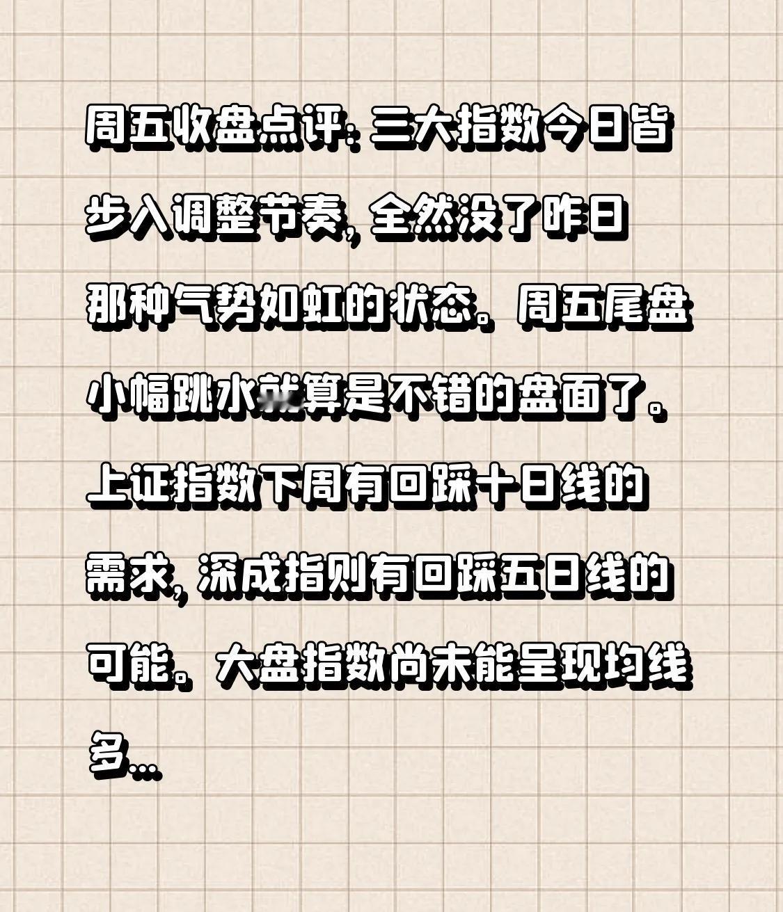 周五收盘点评：三大指数今日皆步入调整节奏，全然没了昨日那种气势如虹的状态。周五尾