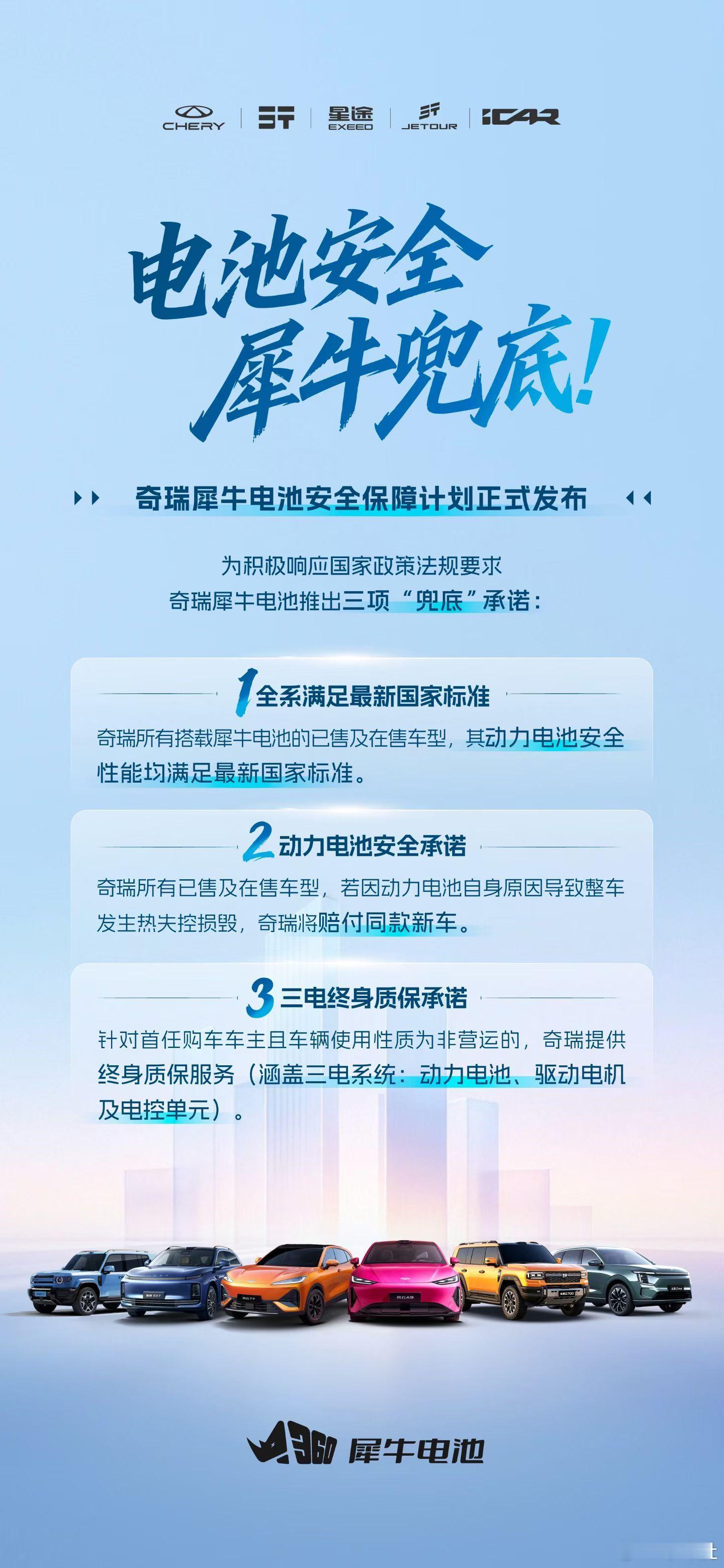 奇瑞犀牛电池“兜底”，划个重点：全系电池达标新国标；电池自身热失控损毁赔同款新车