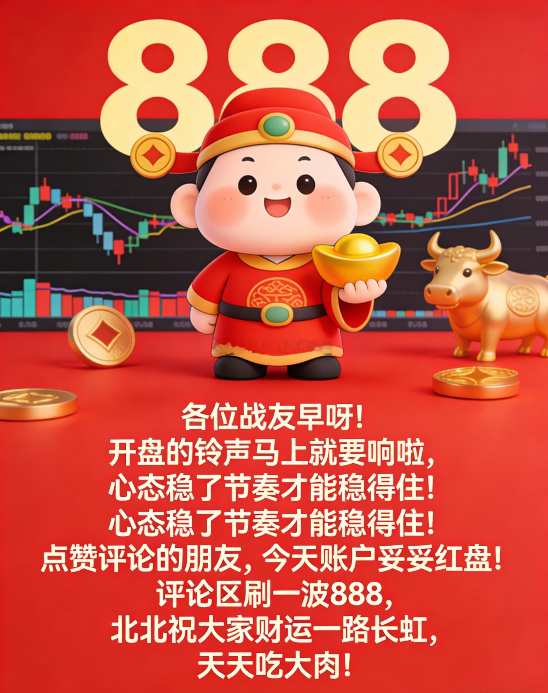 各位战友早上好！开盘钟声即将响起，心态稳住，节奏就顺！点赞+评论的朋友，今天账户