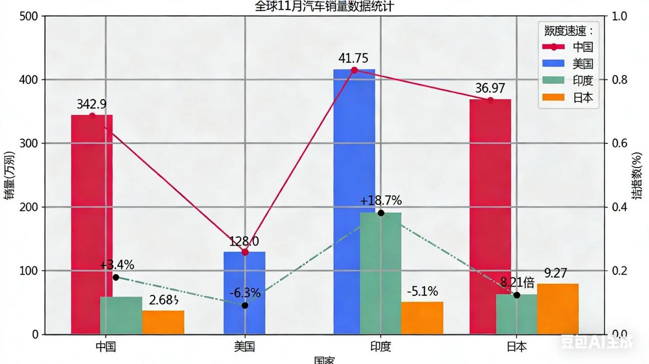 中国车真牛，11月销量342.9万辆，同比增长3.4%，稳稳占据全球40%市场份