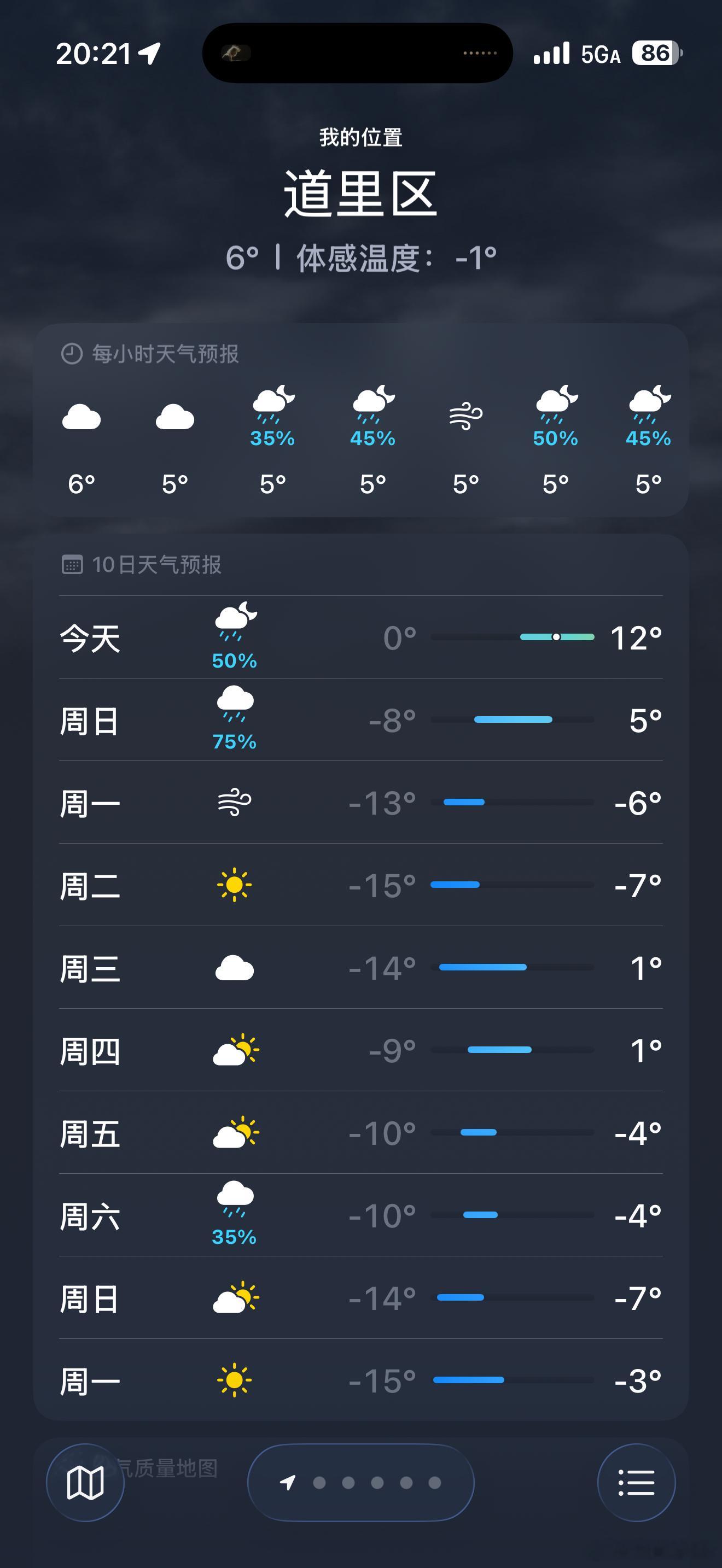 哈尔滨今天零上12度后天就零下六度了温度一下就下来了，好在我今天回北京了要不还得