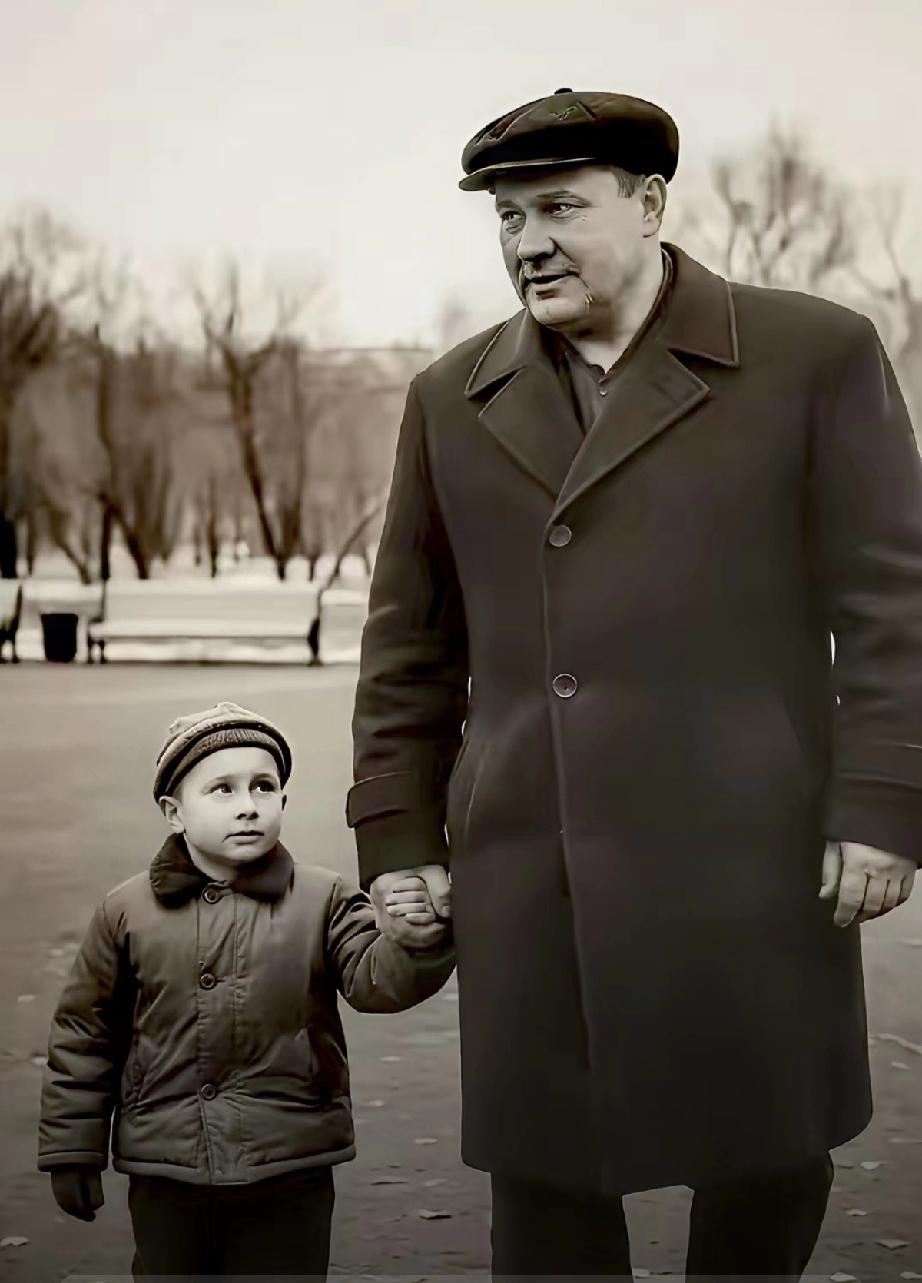 普京称他的父亲是一名硬汉，因为父亲是经历过战火的老兵。
父亲拉着年幼普京的手，小