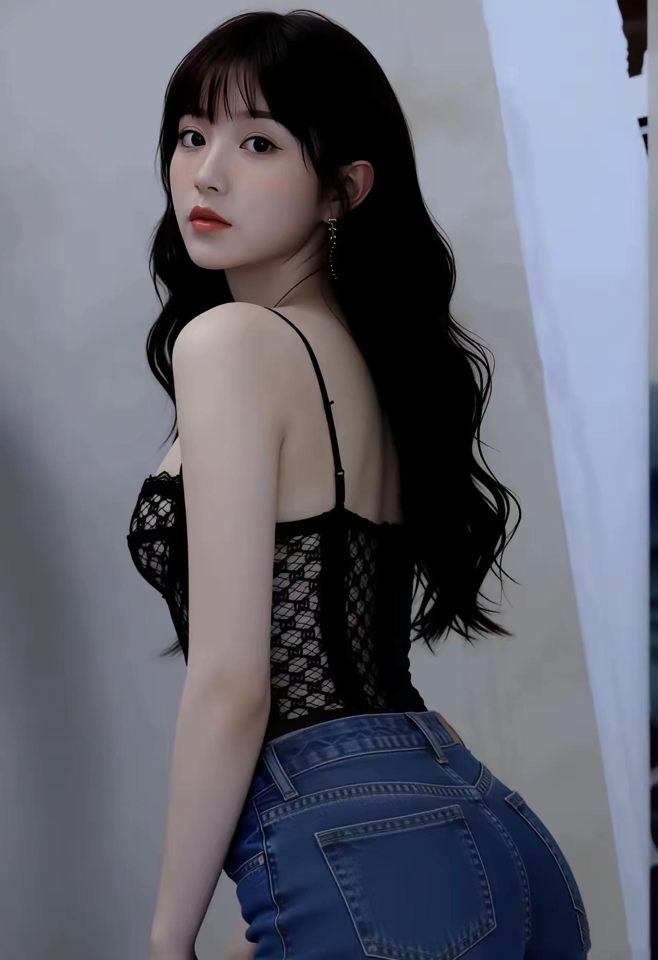 黑衣美人倚窗立，红唇轻启似有言。