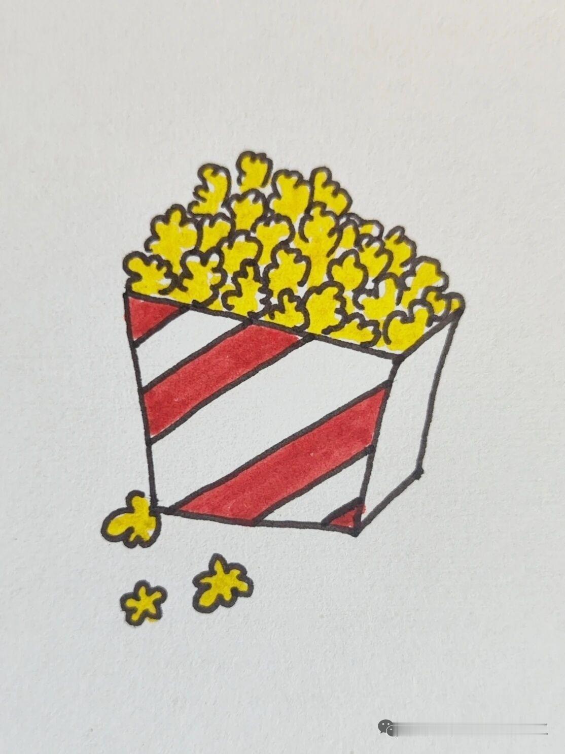 简笔画成长日记，今天解锁了爆米花！

从线条生硬的轮廓，
到慢慢填上颜色、画出细