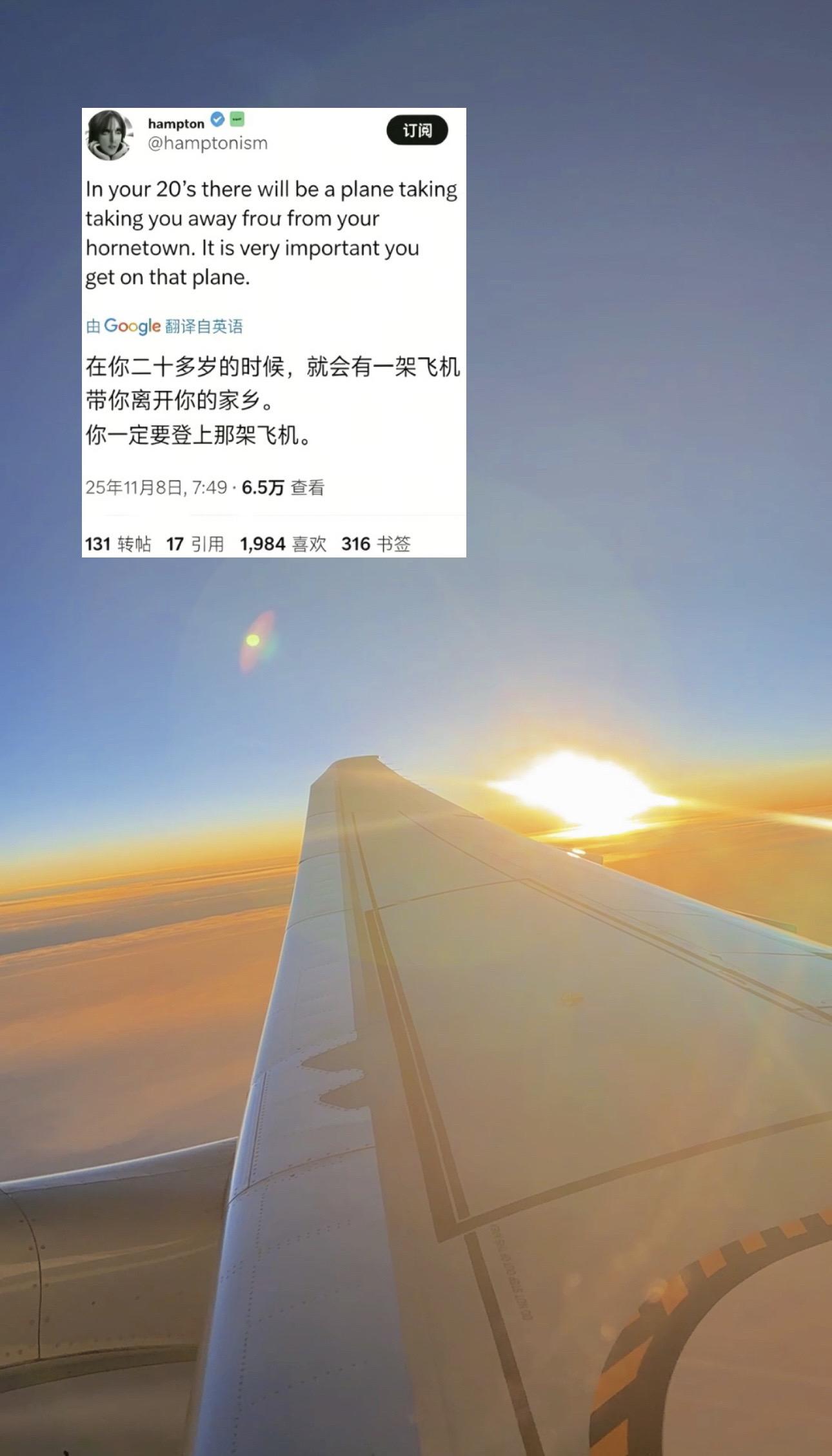 在你二十多岁的时候，会有一班飞机，带你远离故乡，远离一切，别着急，命运...