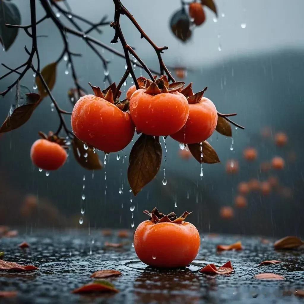 雨过秋果熟，枝头滴清露。霜降汉中的柿子结露成霜。
