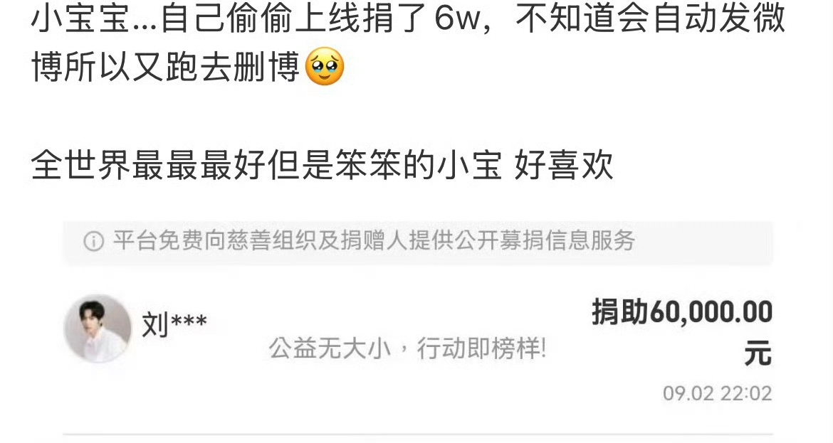 刘轩丞偷偷给重症儿童捐款6w，不想被发现还删了自动发的微博。他还挺善良的。 ​​
