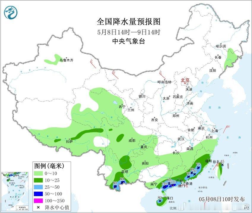 【降水和对流】今天08-14时，广东福建一带成为全国降水最明显的区域。部分地区还