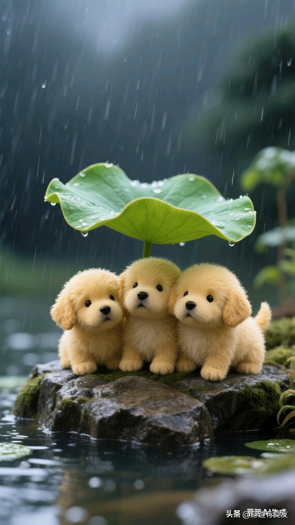 想象一下，在一片美丽的池塘边，三只萌宠正遭遇突如其来的雨。也许它们是小猫和小狗，