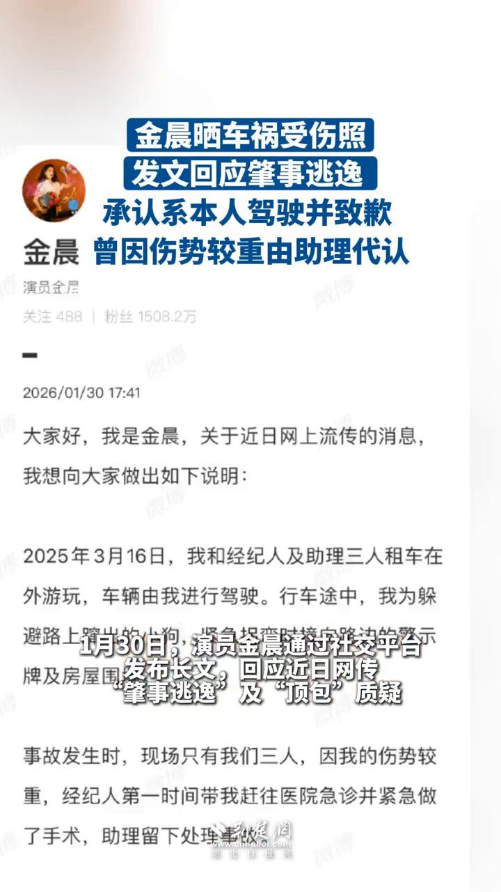 金晨晒车祸受伤照，发文回应肇事逃逸，承认系本人驾驶并致歉，曾因伤势较重由助理代认