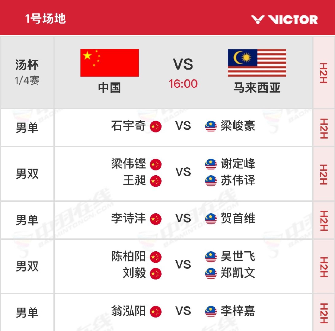 2026年汤尤杯 汤姆斯杯四分之一决赛北京时间16:00开始，可在央视各平台、优