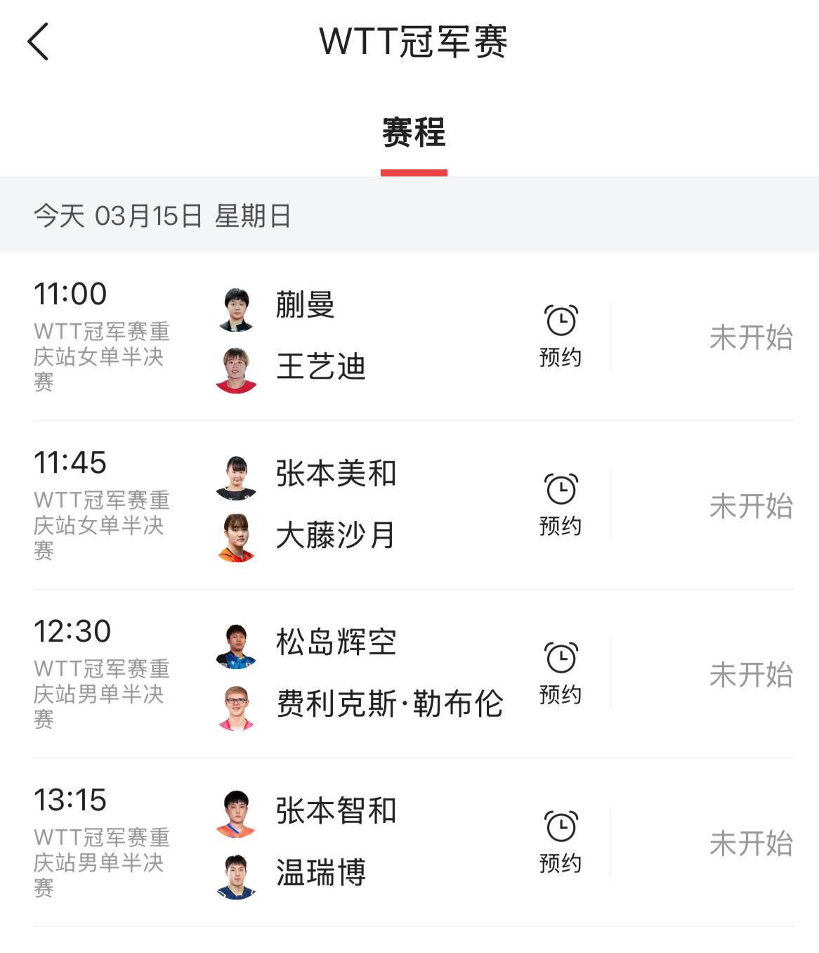 3月15日乒乓球WTT重庆冠军赛半决赛赛程早知道：

今日午间这个时间段要进行的