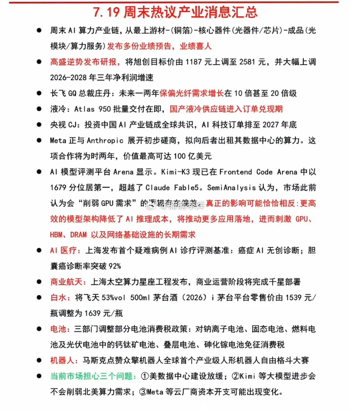 7.20周一  周末：财经热点+信息参考！1.太空算力2.保偏光纤3.白酒龙头涨