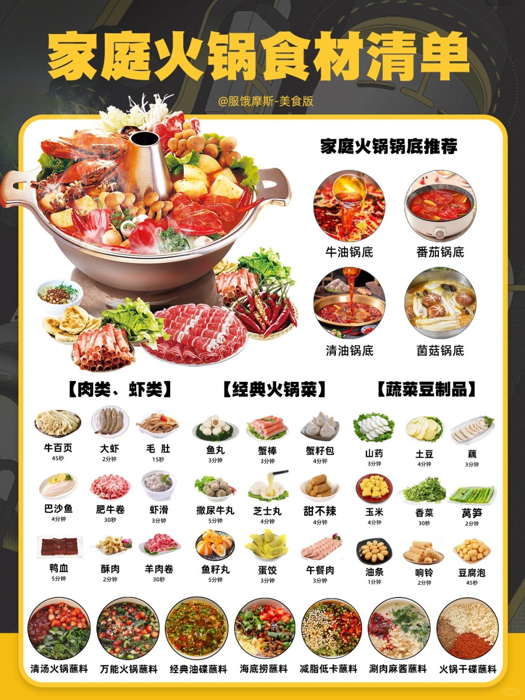 🔥家庭火锅必备食材清单，涮菜时间+蘸料