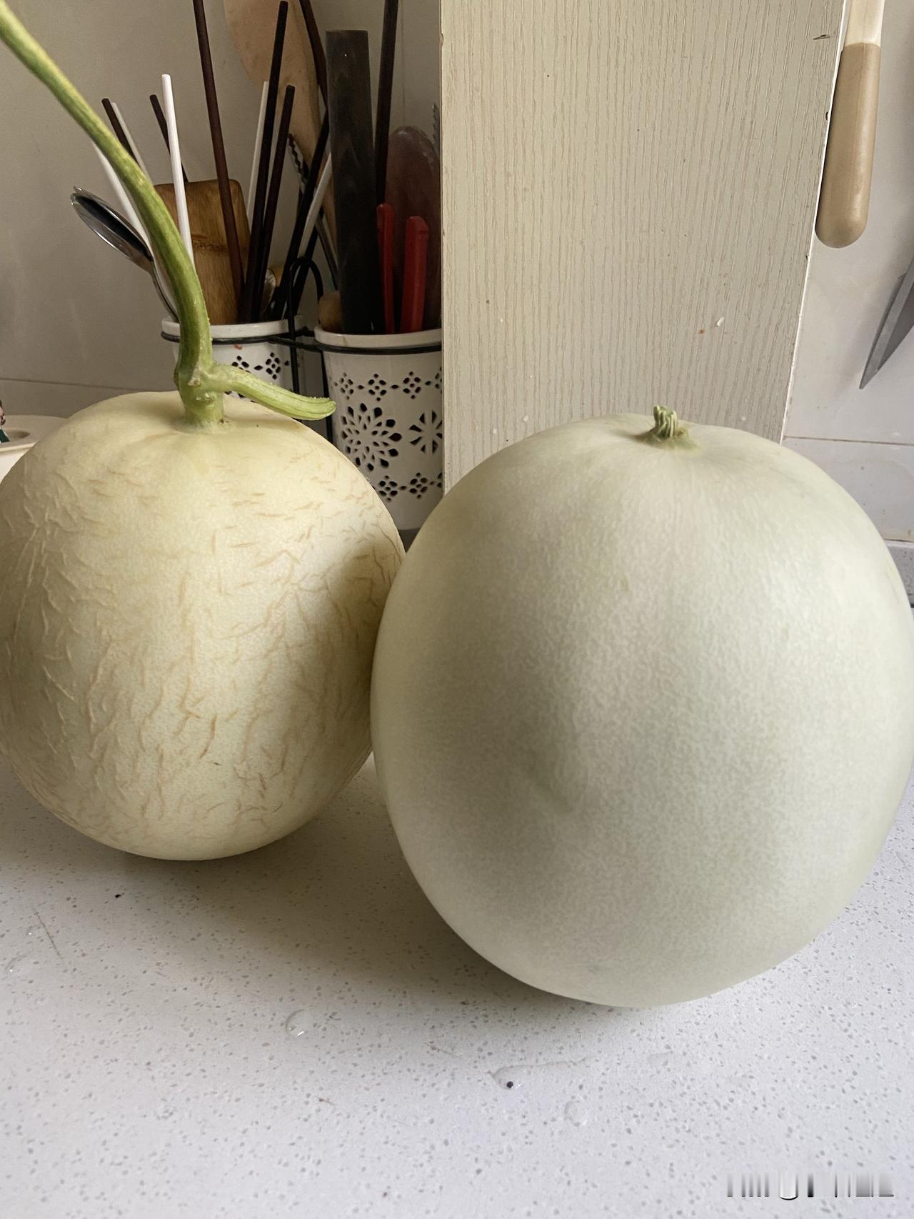 今天我买了两个瓜，不是在一家买的，这个瓜身有裂纹的是在早市买的！10元3斤！
前
