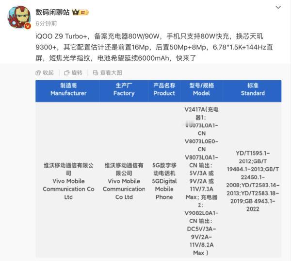iQOO Z9 Turbo+曝光：搭载天玑9300+，6000mAh+80W快充