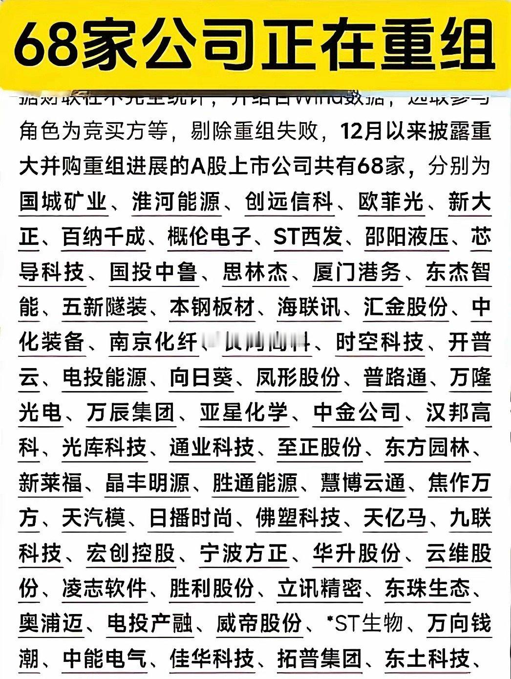 68家A股突掀重组潮！12月“并购牛”悄然启动？12月以来，已有68家A股上市公