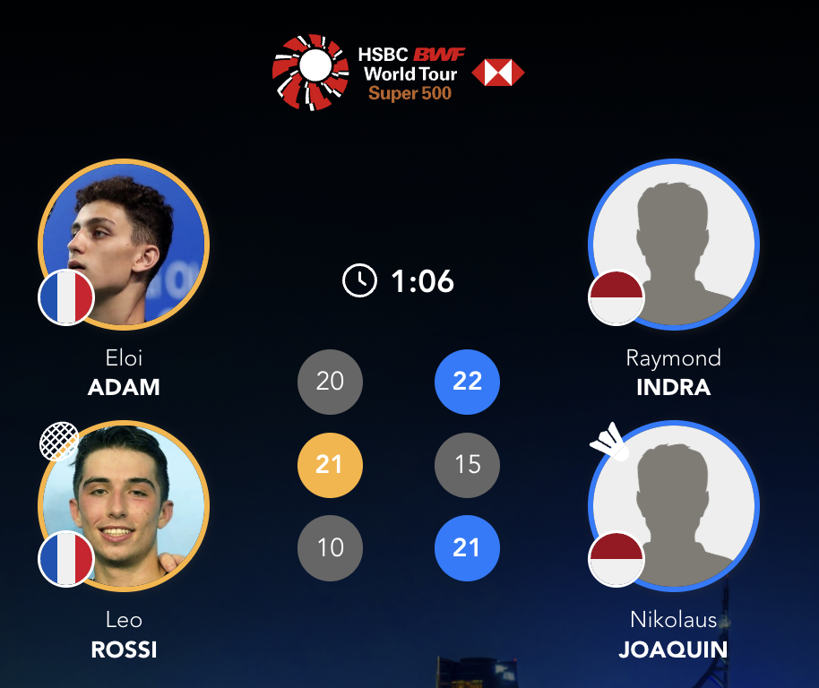 因陀罗/华金🇮🇩 22-20、15-21、21-10 🇫🇷伊劳埃/里奥2