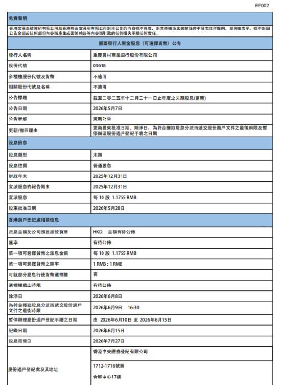 【重庆农村商业银行：将于7月27日派发末期股息每10股1.1755元】重庆农村商