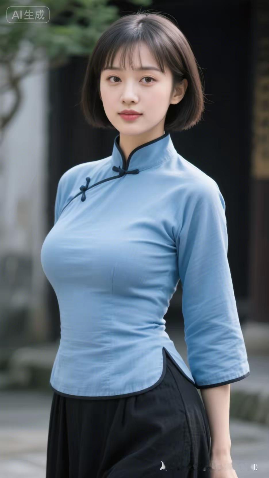 蓝裙雅韵
素袂轻扬浅黛妆，
风姿绰约韵深藏。
一身清逸凝东方，
雅态天成映暖阳。