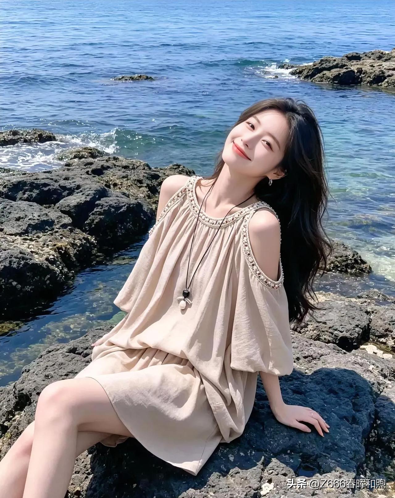碧海礁石旁，米杏色裙裾晕开暖阳。她倚石而坐，笑靥融金，露肩轻挽清风，将海的澄澈与