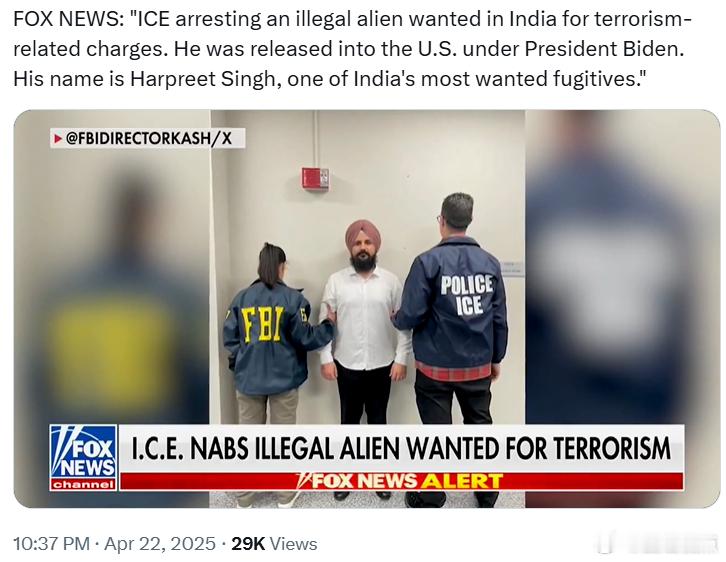 美国移民与海关执法局（ICE）逮捕了一名因涉恐在印度被通缉的非法移民。他是在拜灯