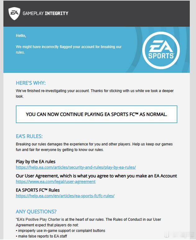 PC平台前段时间被误封的朋友可以检查一下自己的邮箱。EA SPORTS今天恢复了