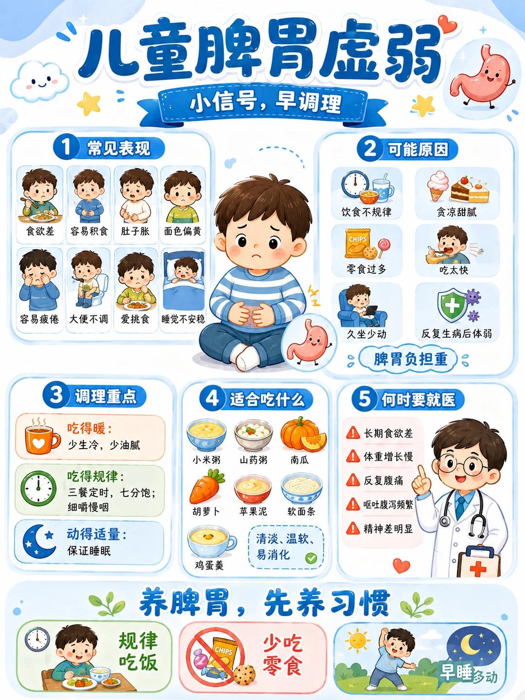 家里娃总不好好吃饭，多半是脾胃在闹脾气‼️
不用瞎焦虑，一张海报讲清儿童脾胃调理