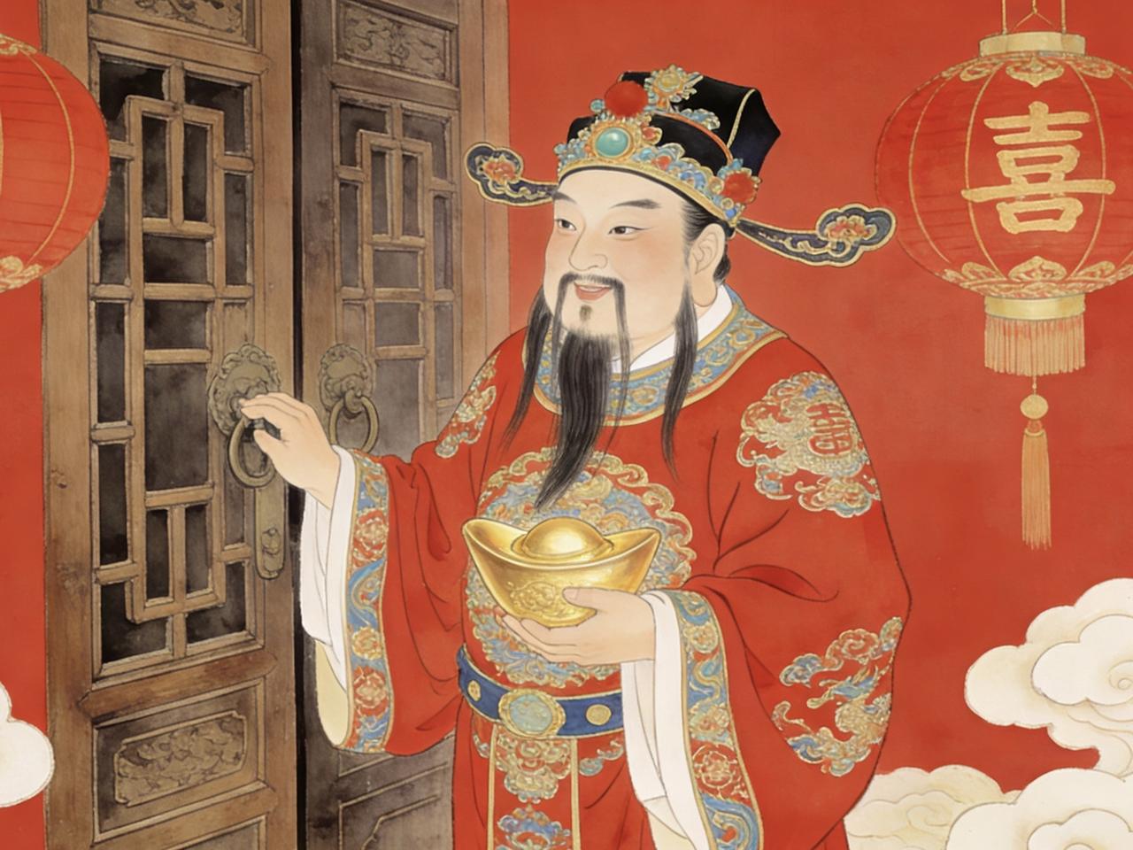 财神来敲门！接！接！接！
财神到！
天门开地门开，五路财神进门来，一赐福二赐财，