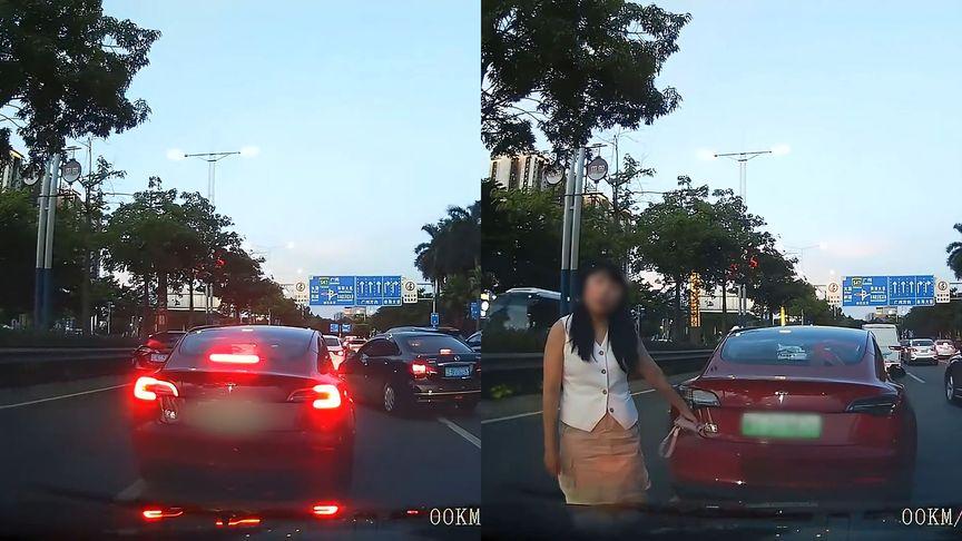 【女子急刹车以为后车追尾，下车疯狂“输出”后发现系误会道歉】7月5日，广东。有网