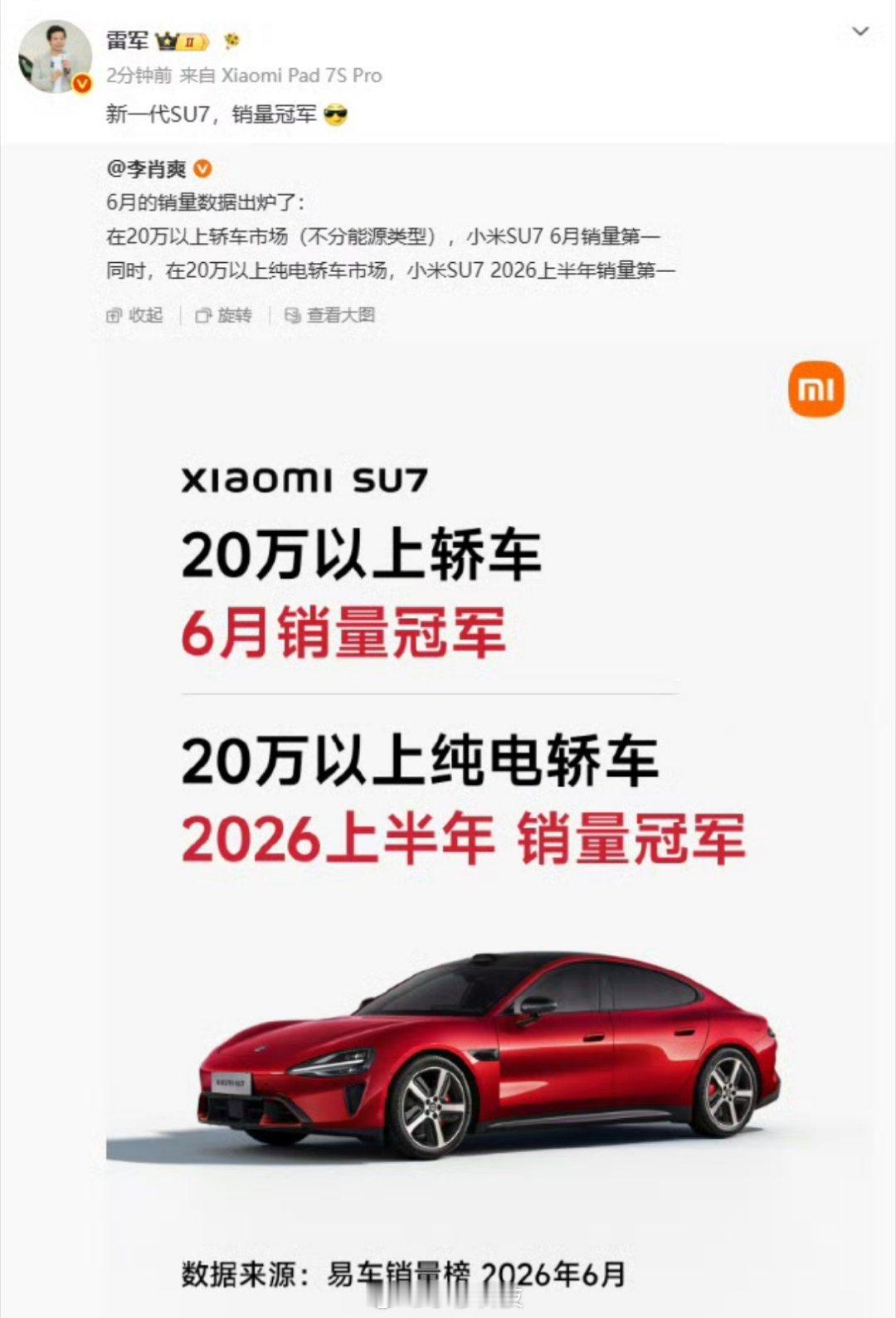小米SU7又拿了两个冠军：第一个冠军：20万以上的轿车中小米SU7拿下6月销量冠