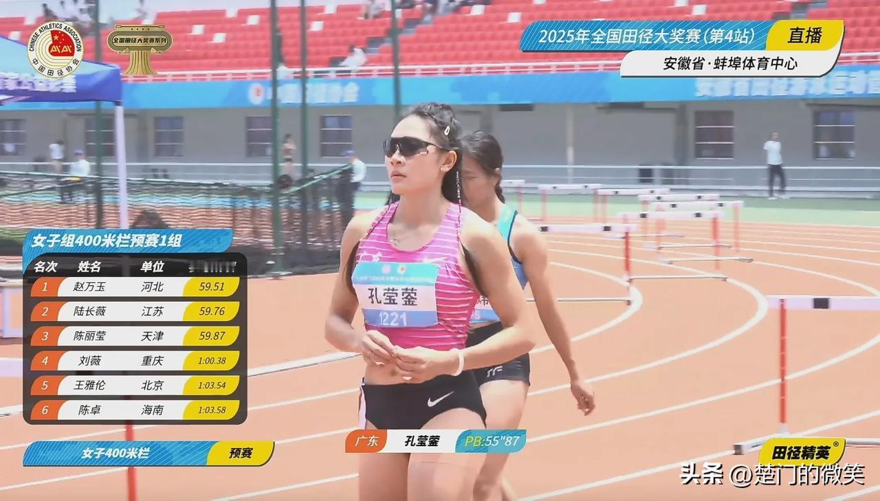 女子400米栏预赛成绩-田径大奖赛(蚌埠站)
1、孔莹蓥，58秒37，广东队；