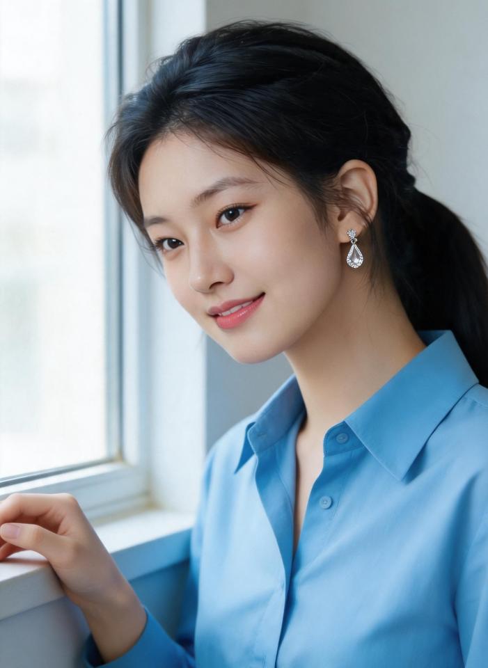 温柔蓝调，微笑如你，窗边少女