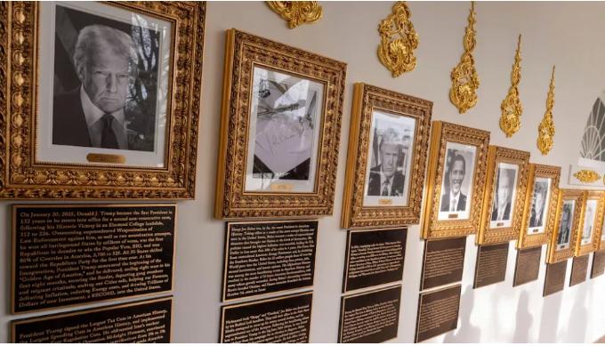 由特朗普亲自参与设计的白宫“总统星光大道”正式亮相，他在历任总统肖像下方加装了文