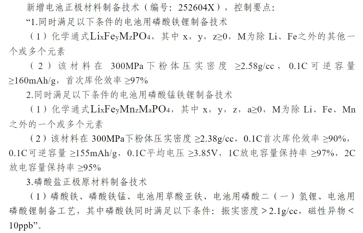 《中国禁止出口限制出口技术目录》限制出口部分新增条目“电池正极材料制备技术”，具