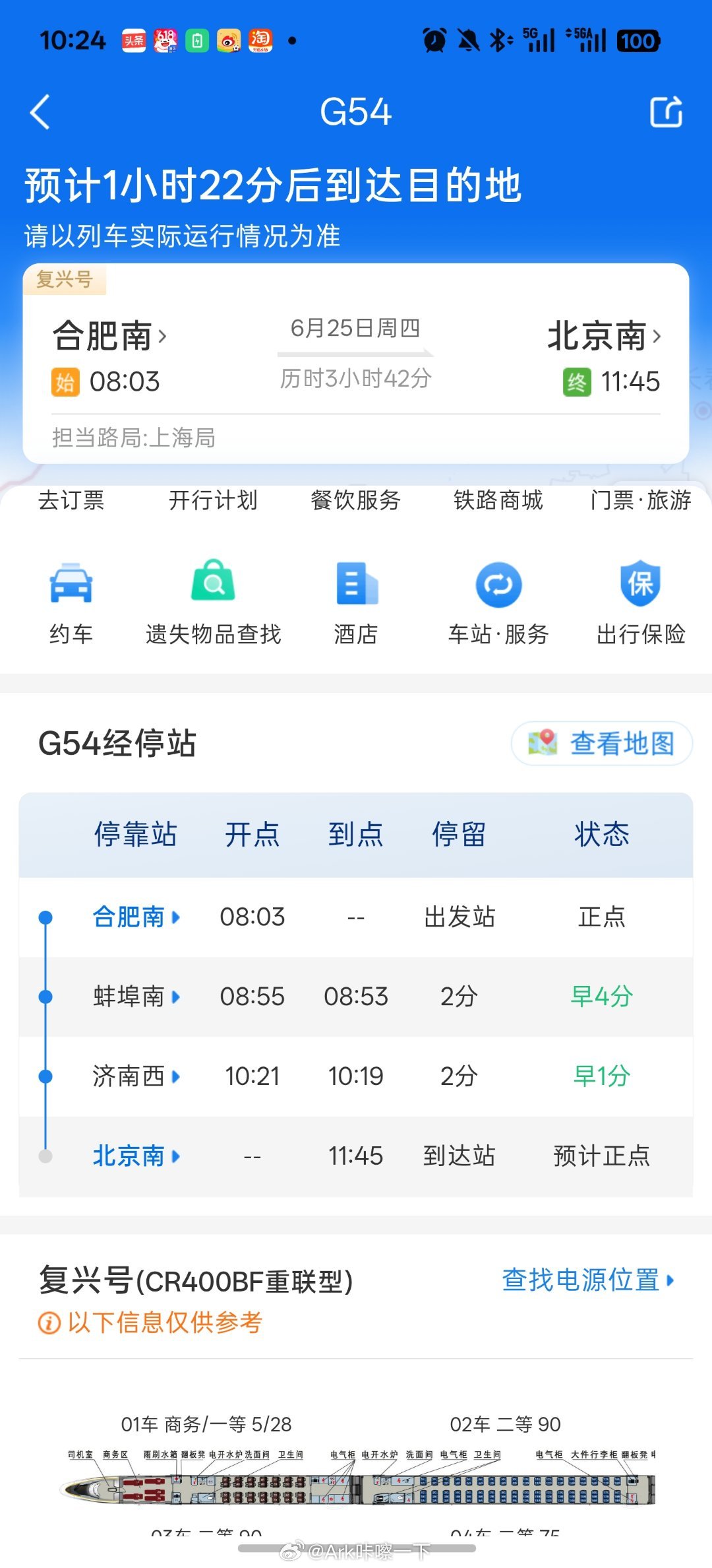 今天来北京坐的G54，全程智停靠两站，牛马专用
