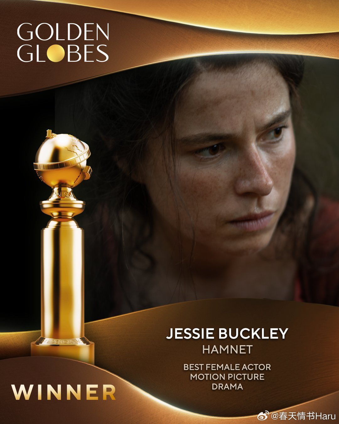杰西·巴克利获得了演员奖最佳女主角，在这个颁奖季包揽了英国电影学院奖、金球奖、评