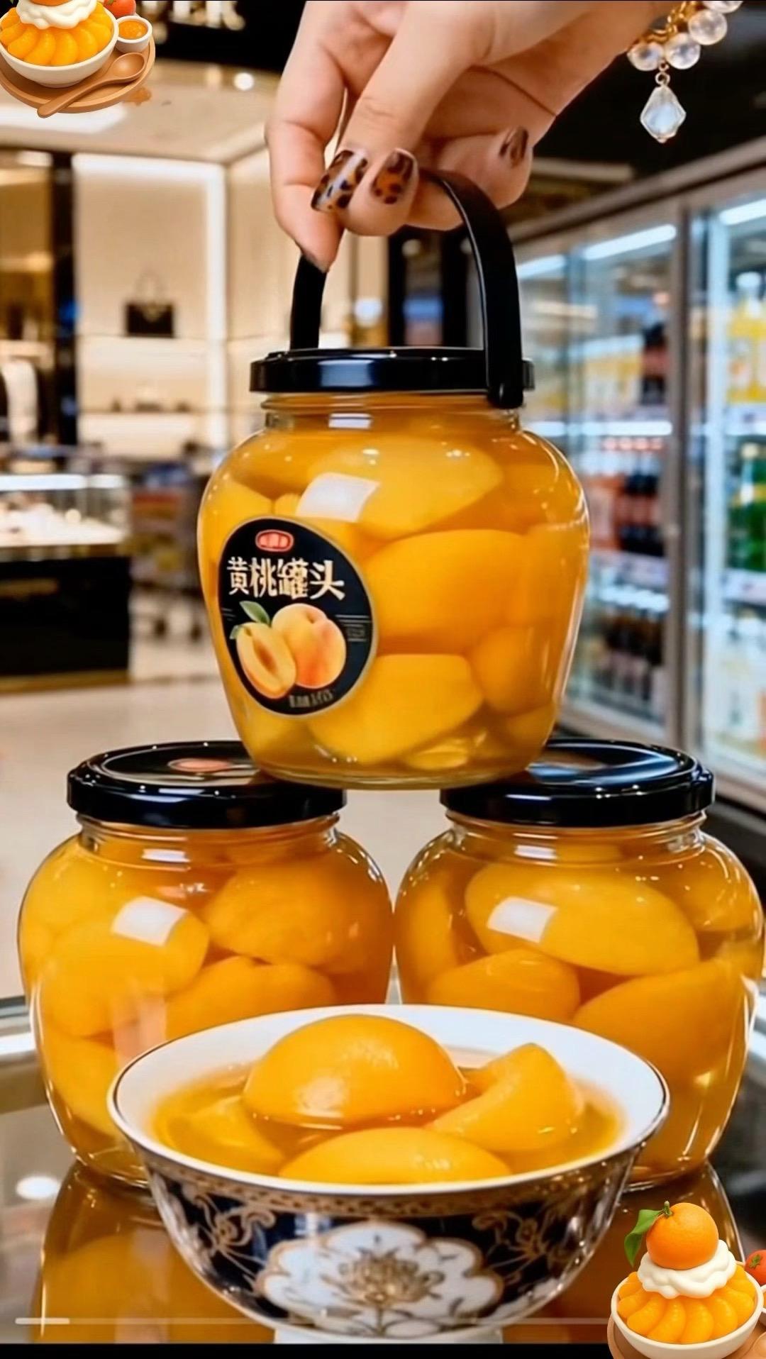 鲜采黄桃锁鲜罐装，果肉厚实饱满，汤汁清甜不腻，一口爆汁超满足，宅家解馋...