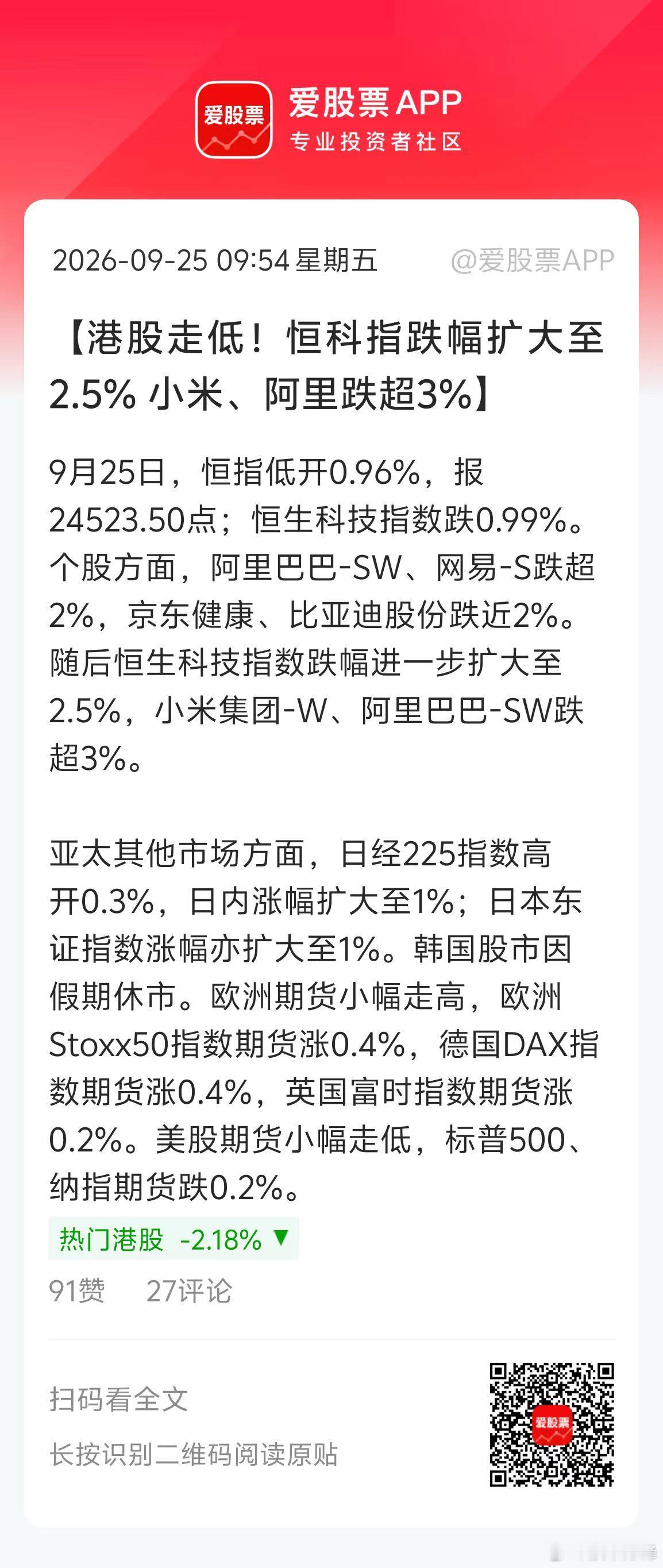 中秋节港股开市还大跌，真给人添堵啊！大跌的原因，美债杀到5.44%，30年期美债