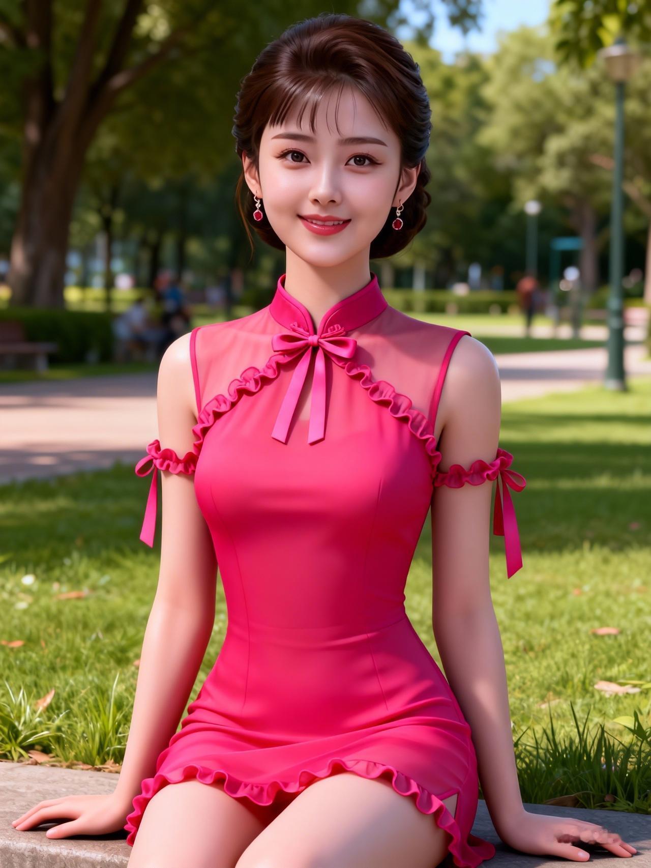 夏日公园里的甜美女孩，粉色连衣裙与绿意盎然的背景相映成趣。🌞💖温柔粉色裙