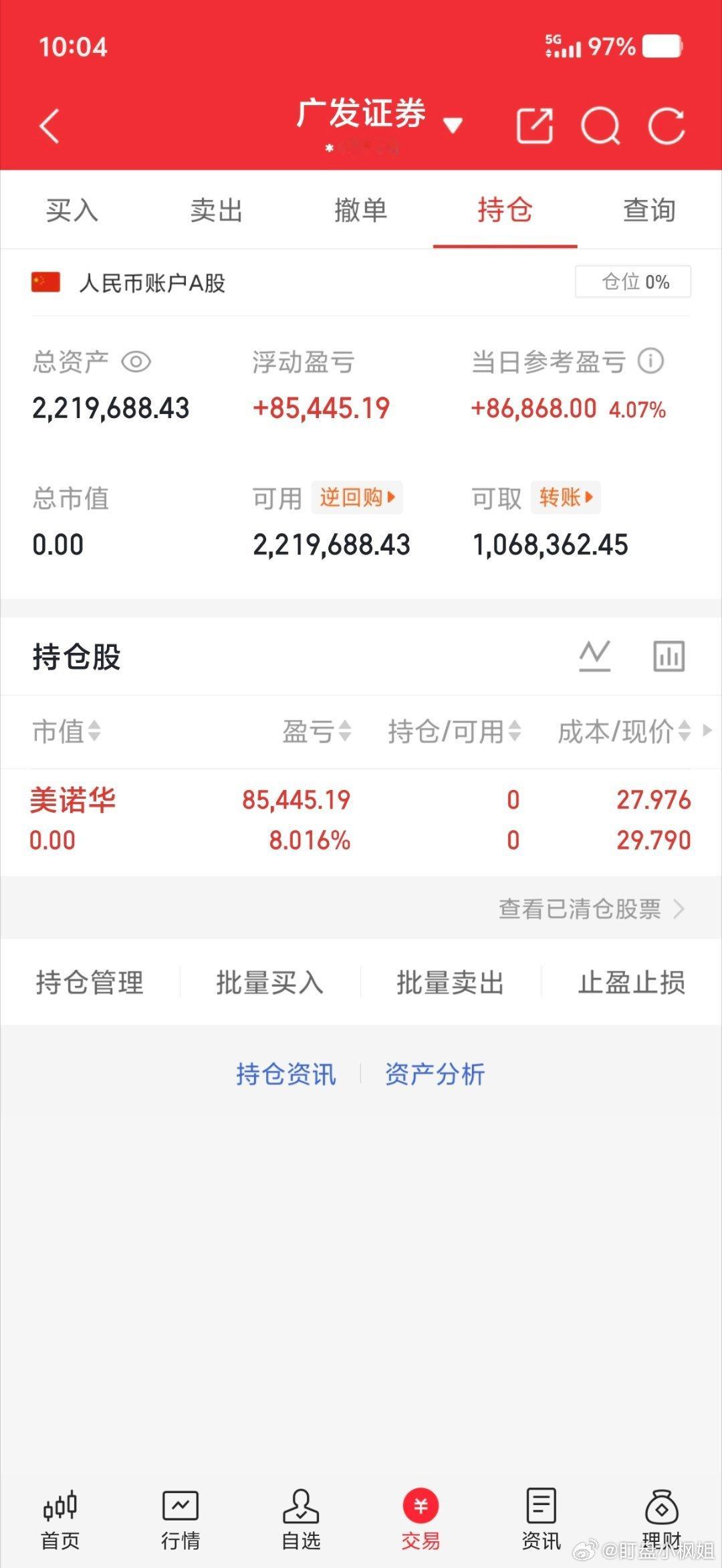 50w本金记录到300w（第63天)卖出：603538 美诺华特别声明：这只是我