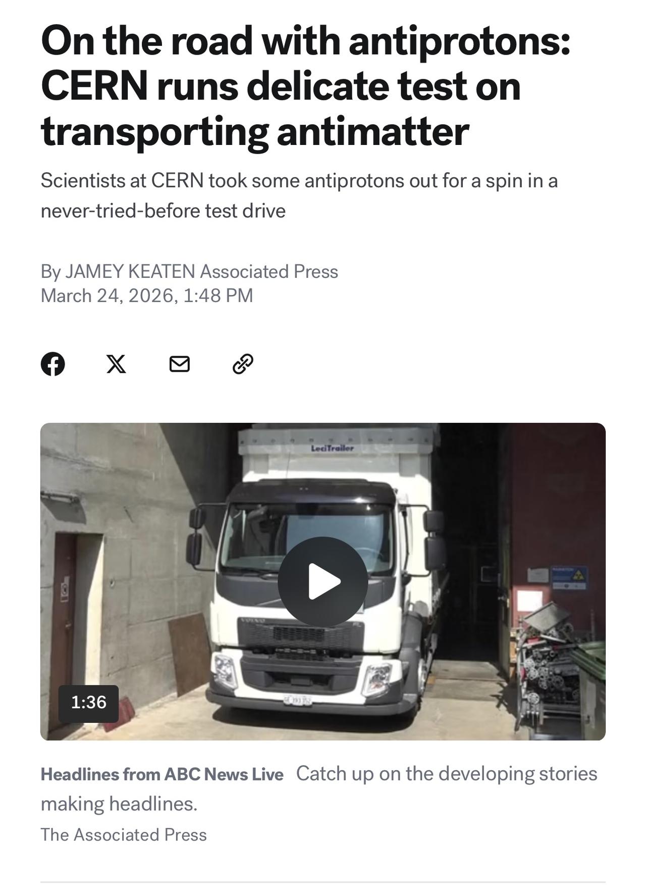 瑞士日内瓦的科学家进行反质子试运输实验。

如果这种所谓的反物质与实际物质接触，